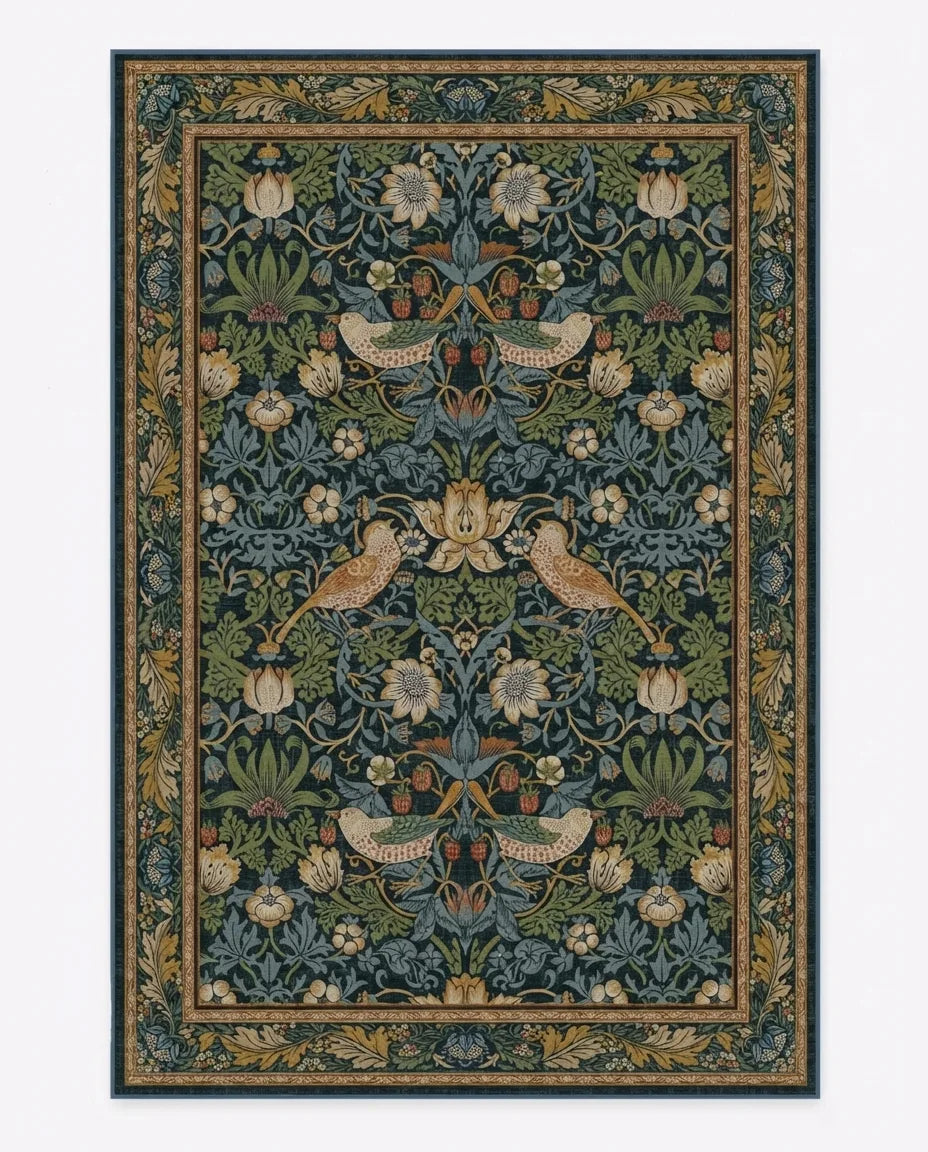 Botanical Bird Area Rug - Vintage Arts & Crafts Style variation