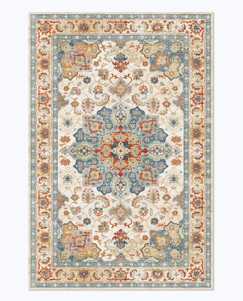 Vintage Persian Area Rug - Non-Slip Medallion Design - Ivory / Blue