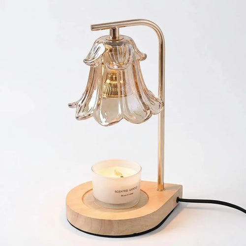 Candle Warmer Lamp - Flower Glass Shade Wood Base variation