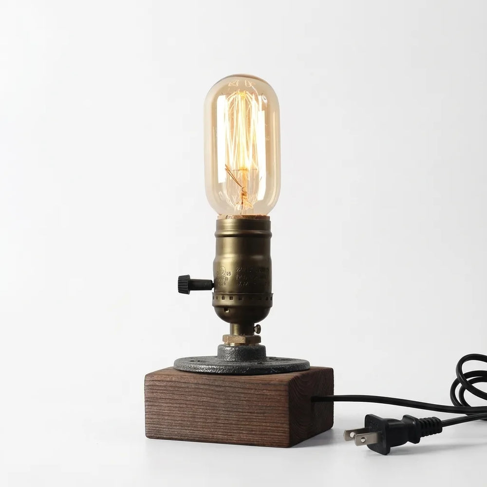 Industrial Edison Table Lamp - Rustic Wood Base variation