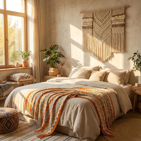 Boho Chevron Throw Blanket - Soft Knit with Fringe - Lifestyle Context