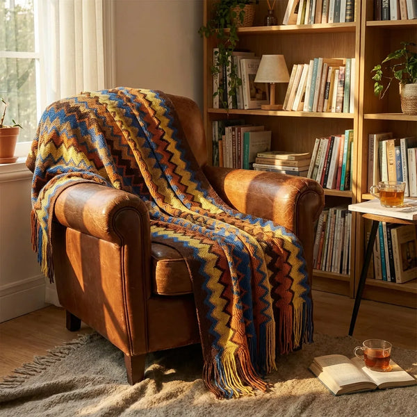 Boho Chevron Throw Blanket - Soft Knit with Fringes - Lifestyle Context