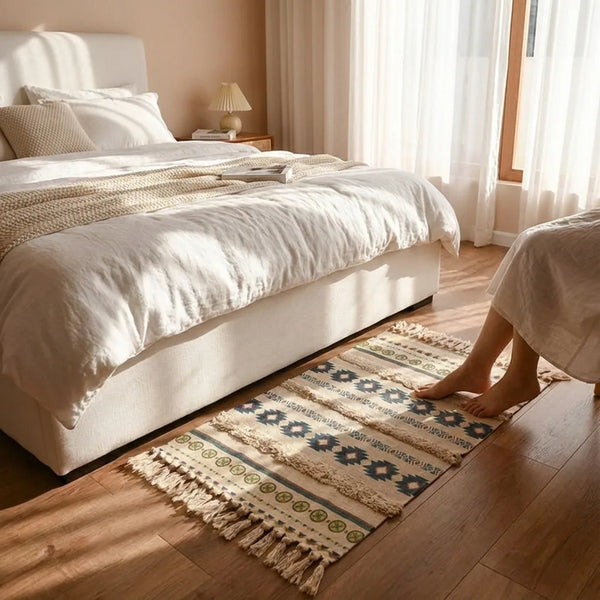 Boho Tassel Rug - Woven Cotton Aztec Accent - Lifestyle Context
