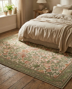 William Morris Style Area Rug - Botanical Bird Print - Lifestyle Context
