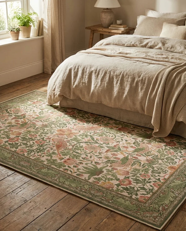 William Morris Style Area Rug - Botanical Bird Print - Lifestyle Context