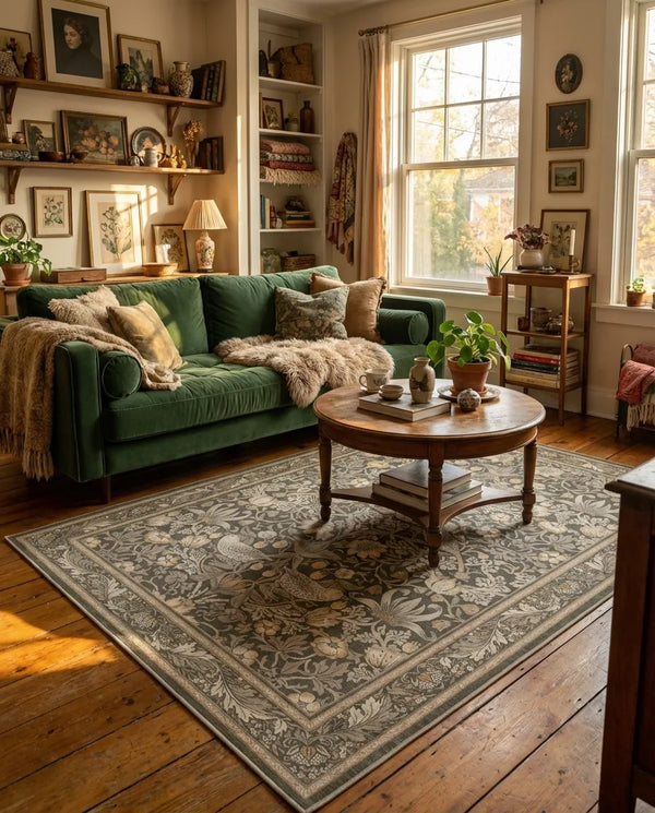 Botanical Bird Area Rug - William Morris Style - Lifestyle Context