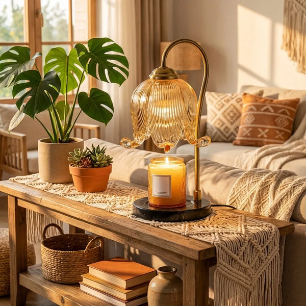 Candle Warmer Lamp - Vintage Tulip Glass & Marble Base - Lifestyle Context