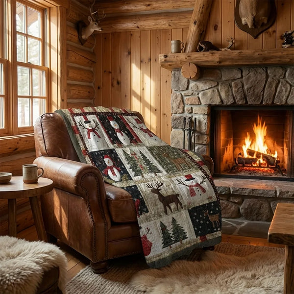 Christmas Patchwork Fleece Blanket - Rustic Holiday Design - Lifestyle Context