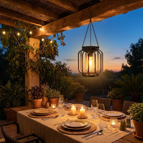 Solar Hanging Lantern - Vintage LED Outdoor Light - Lifestyle Context