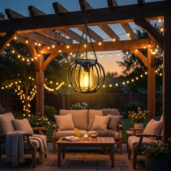 Solar Hanging Lantern - Vintage LED Metal Cage - Lifestyle Context