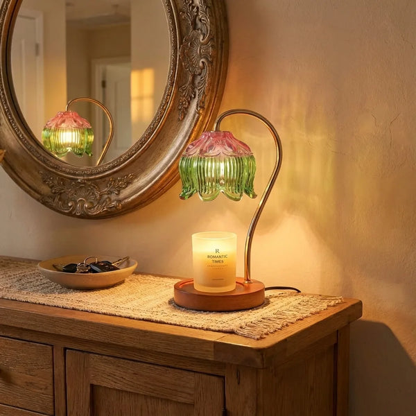 Flower Glass Candle Warmer Lamp - Vintage Wood Base - Lifestyle Context
