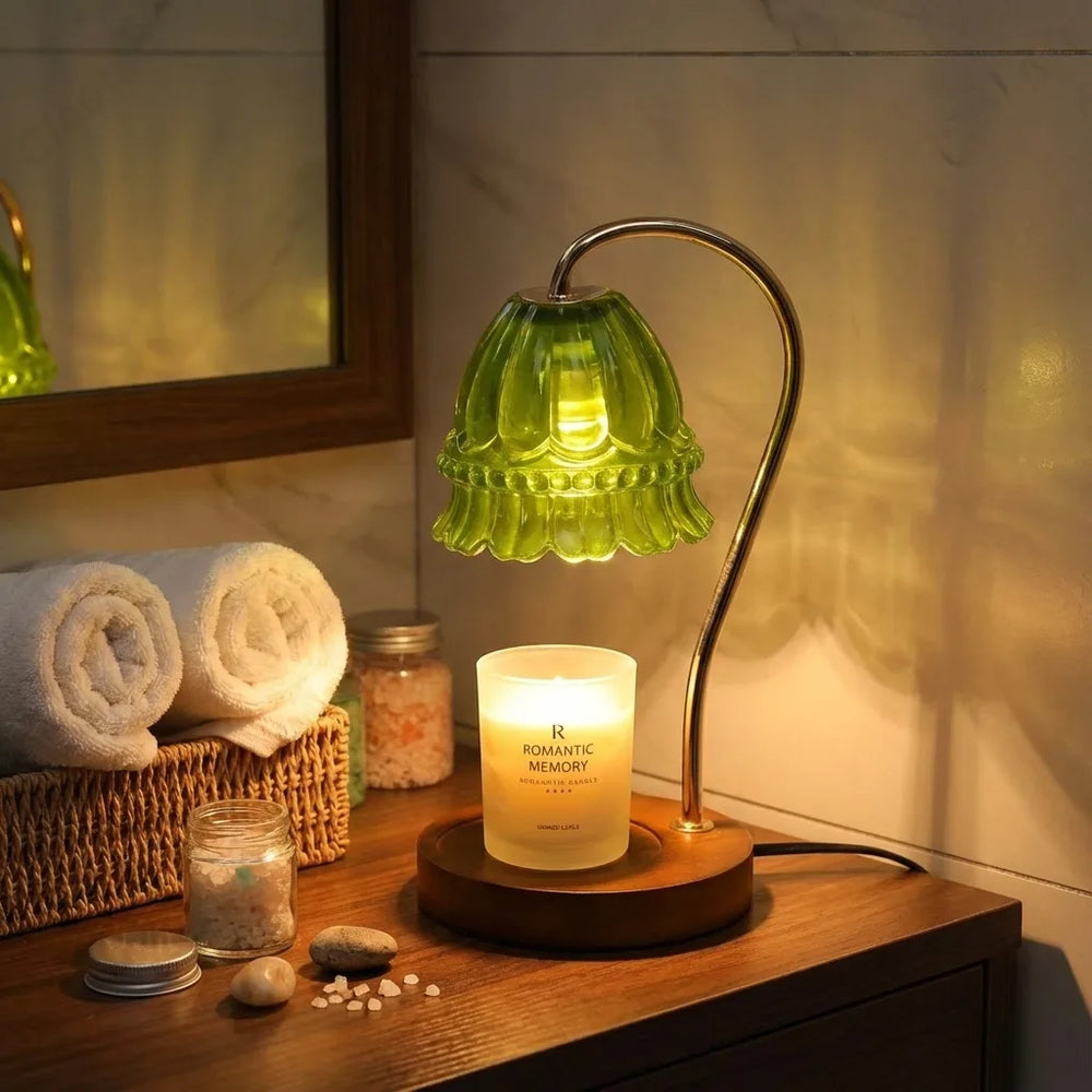 Flower Glass Candle Warmer Lamp - Vintage Wood Base variation