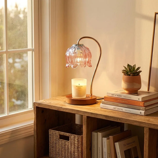 Flower Glass Candle Warmer Lamp - Elegant Wood Base - Lifestyle Context