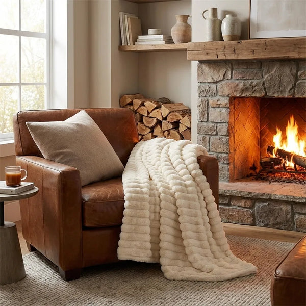 Plush Ribbed Faux Fur Throw Blanket - Soft Velvet - Lifestyle Context