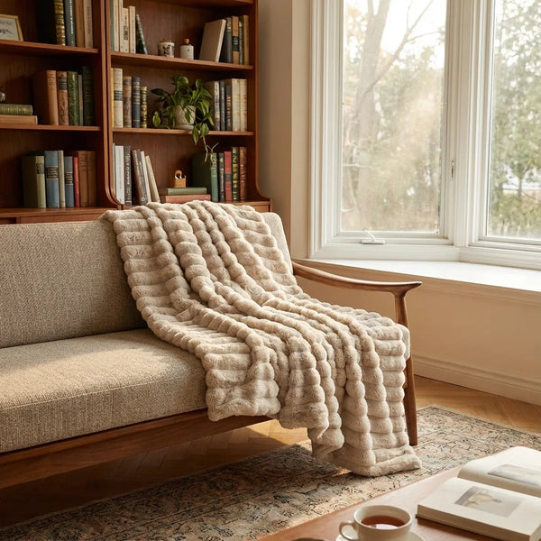Ribbed Plush Throw Blanket - Ultra-Soft Faux Fur - Lifestyle Context