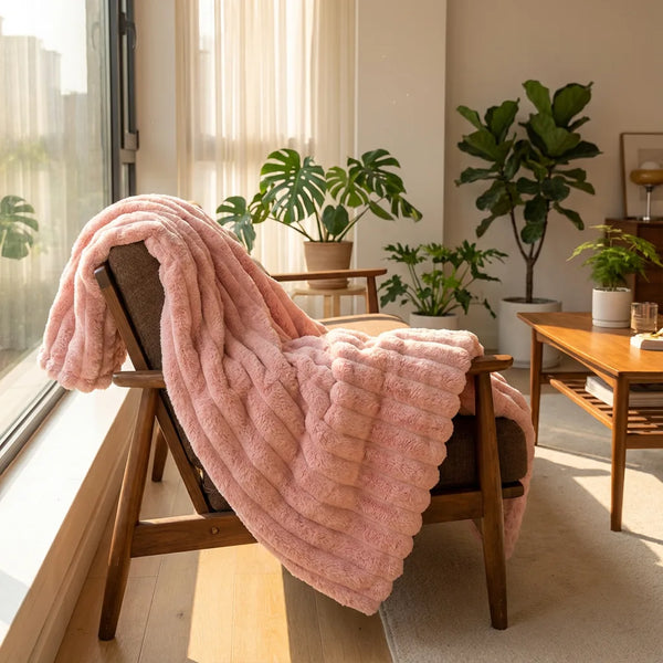 Ultra Soft Ribbed Throw Blanket - Plush Faux Fur - Lifestyle Context