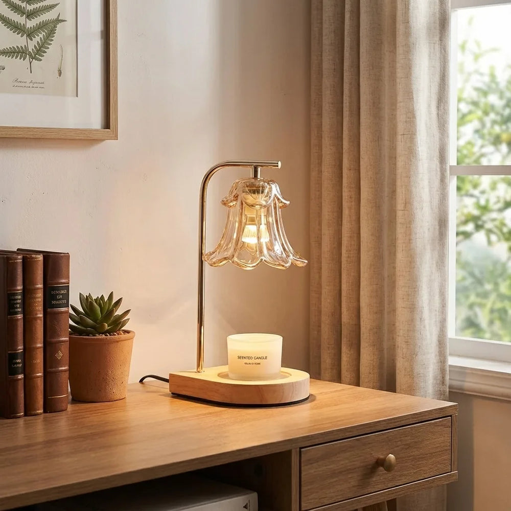 Candle Warmer Lamp - Floral Glass Shade Wood Base variation