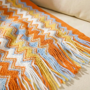 Boho Chevron Throw Blanket - Soft Knit with Fringe - Quality Close-Up