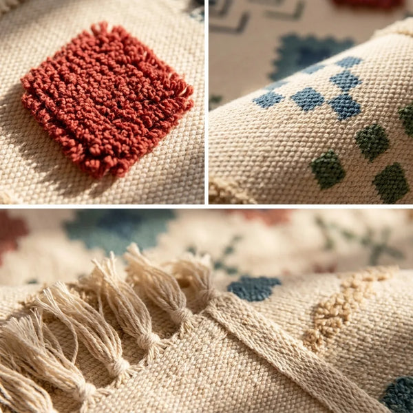 Boho Tassel Rug - Woven Cotton Accent Mat - Quality Close-Up
