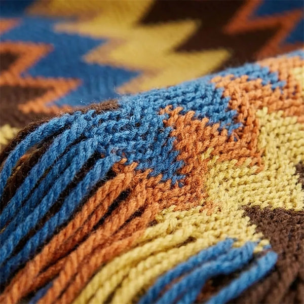 Boho Chevron Throw Blanket - Soft Knit with Fringes - Quality Close-Up