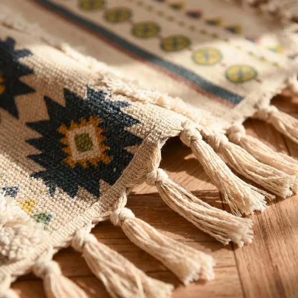 Boho Tassel Rug - Woven Cotton Aztec Accent - Quality Close-Up