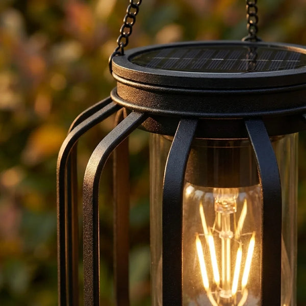 Solar Hanging Lantern - Vintage LED Outdoor Light - Quality Close-Up
