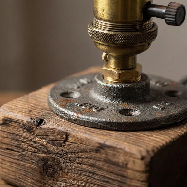 Industrial Edison Table Lamp - Rustic Wood Base - Quality Close-Up