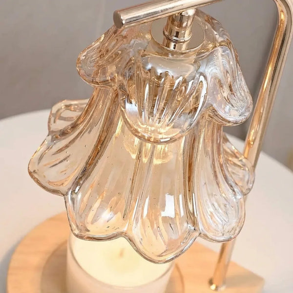 Candle Warmer Lamp - Floral Glass Shade Wood Base - Quality Close-Up
