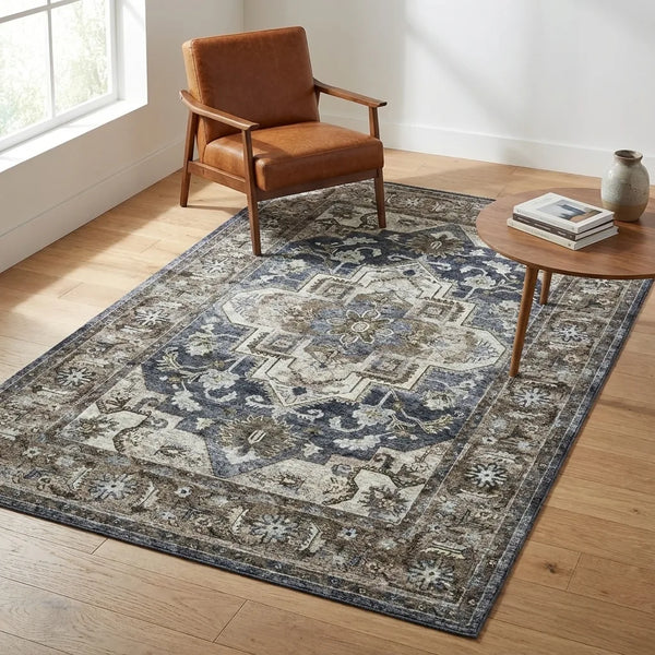 Persian Medallion Area Rug - Vintage Style Non-Slip - Size & Scale