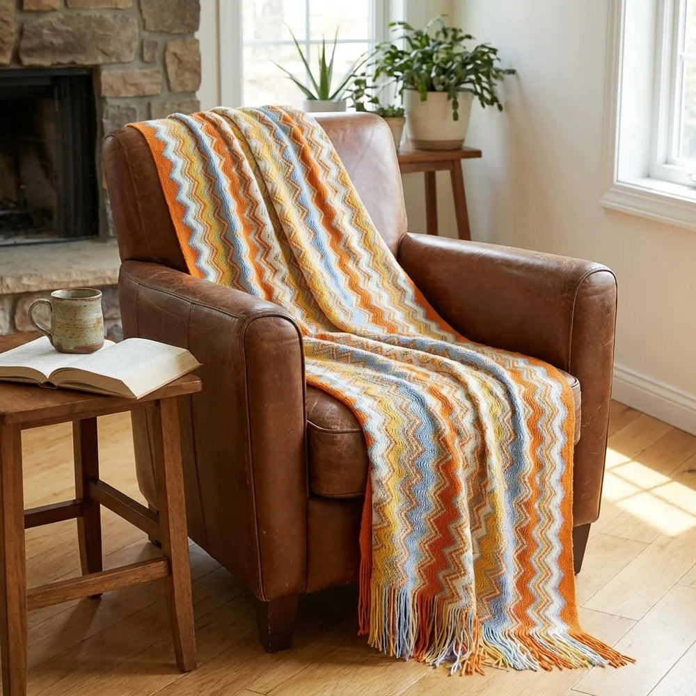 Boho Chevron Throw Blanket - Soft Knit with Fringe variation