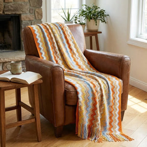 Boho Chevron Throw Blanket - Soft Knit with Fringe - Size & Scale