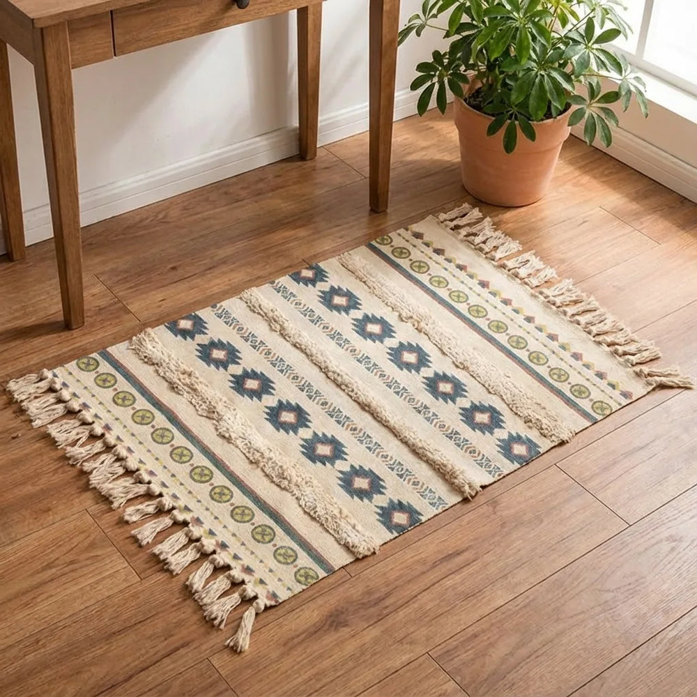 Boho Tassel Rug - Woven Cotton Aztec Accent variation