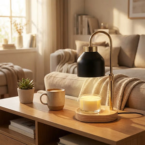 Candle Warmer Lamp - Dimmable Gold & Black Wood Base - Size & Scale