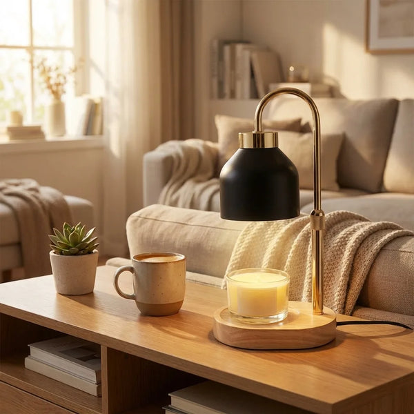 Candle Warmer Lamp - Dimmable Gold & Black Wood Base - Size & Scale