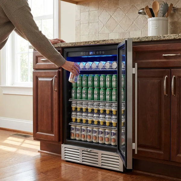 24" Beverage Cooler - 180 Can Stainless Steel Fridge - Size & Scale