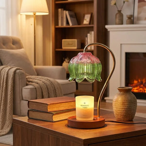 Flower Glass Candle Warmer Lamp - Vintage Wood Base - Size & Scale