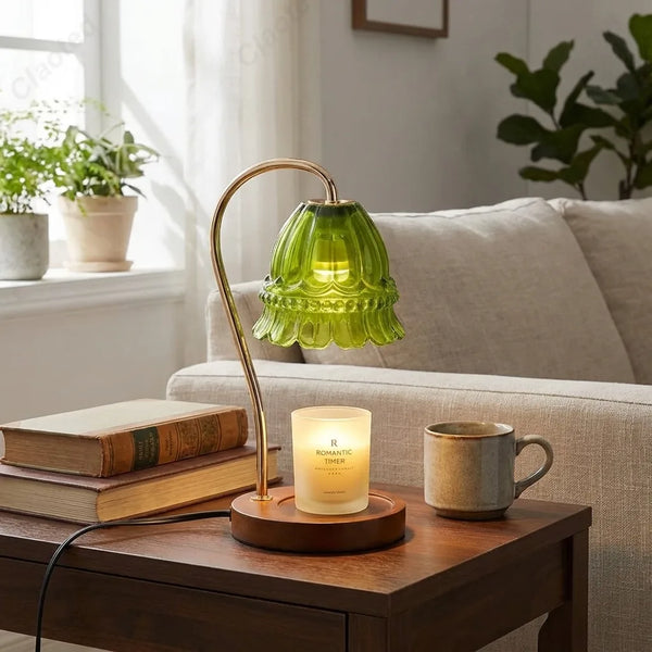 Flower Glass Candle Warmer Lamp - Vintage Wood Base - Size & Scale