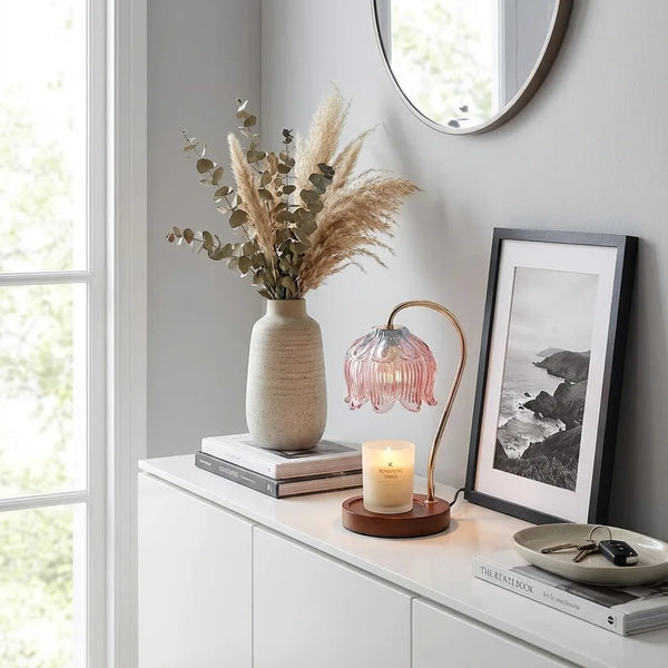 Flower Glass Candle Warmer Lamp - Elegant Wood Base - Size & Scale
