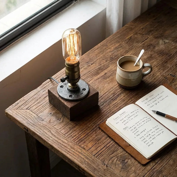 Industrial Edison Table Lamp - Rustic Wood Base - Size & Scale