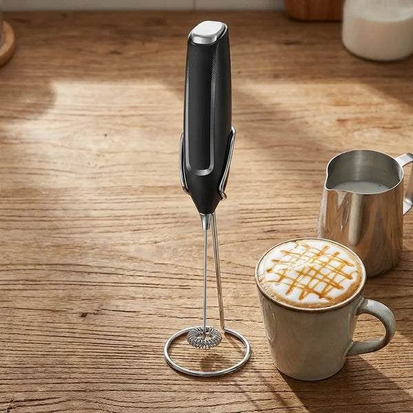 Handheld Milk Frother - Electric Foam Maker with Stand - Size & Scale