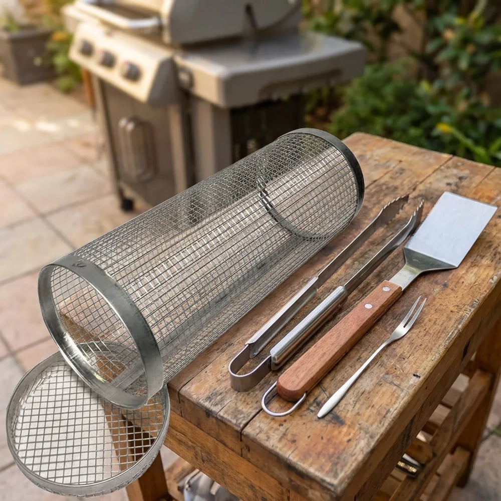Rolling BBQ Grill Baskets - 4-Pack Stainless Steel variation
